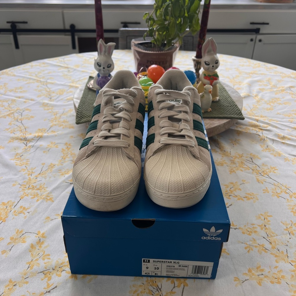 Adidas Cream and Green Superstar XLG. VGUC